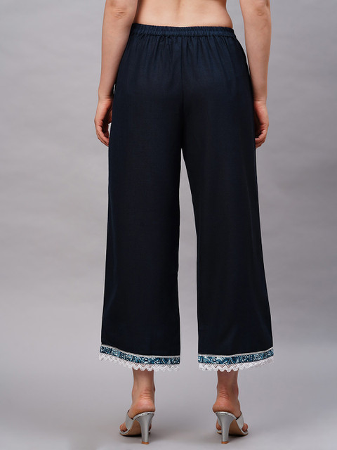 Indo Era Women Navy Blue Hem Design Straight Palazzos - Image 4