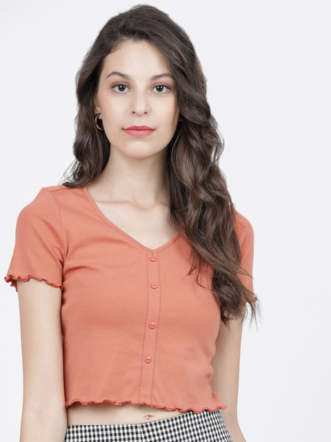 Tokyo Talkies Women Orange V-Neck T-shirt