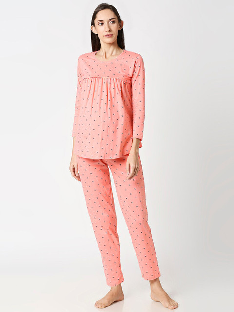 AV2 Women Peach-Coloured & Brown Floral Printed Maternity/Nursing Night suit