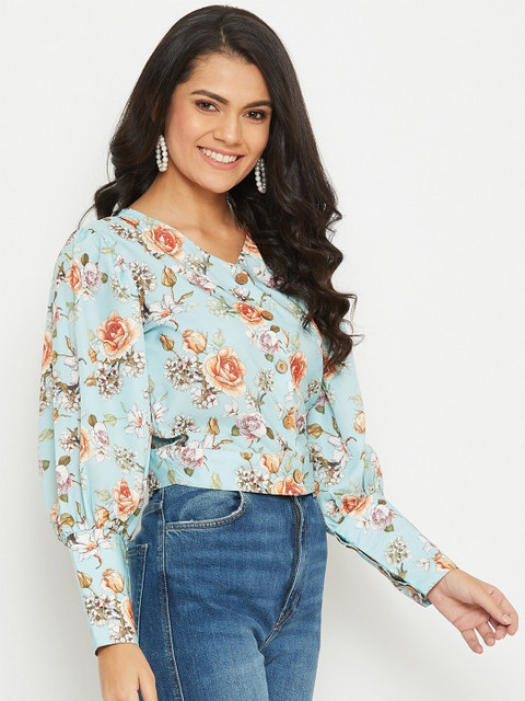 PANIT Blue Floral Printed Crepe Crop Top - Image 3