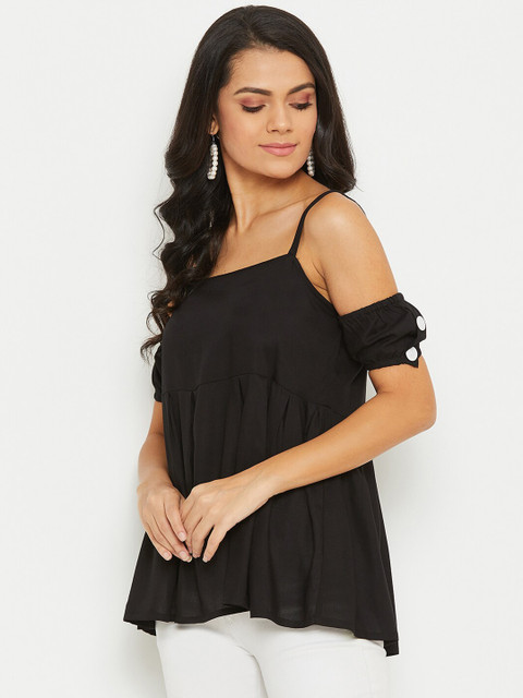 PANIT Black Shoulder Straps With Off Shoulder Puff Sleeves A-Line Top - Image 4