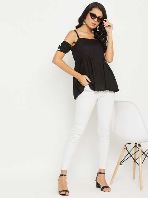 PANIT Black Shoulder Straps With Off Shoulder Puff Sleeves A-Line Top - Image 6