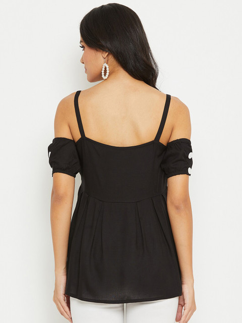 PANIT Black Shoulder Straps With Off Shoulder Puff Sleeves A-Line Top - Image 5