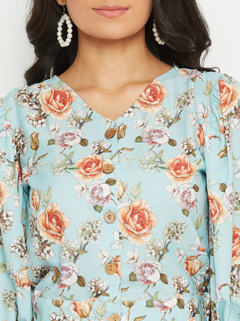 PANIT Blue Floral Printed Crepe Crop Top - Image 2
