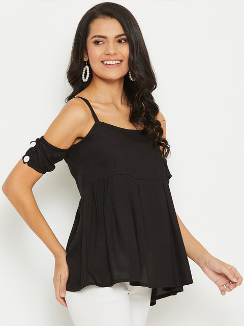 PANIT Black Shoulder Straps With Off Shoulder Puff Sleeves A-Line Top - Image 3
