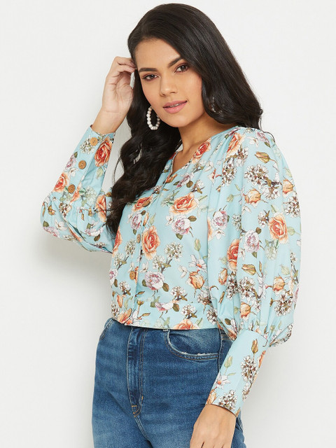 PANIT Blue Floral Printed Crepe Crop Top - Image 4