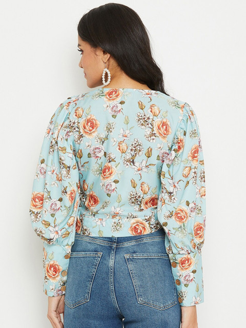 PANIT Blue Floral Printed Crepe Crop Top - Image 5