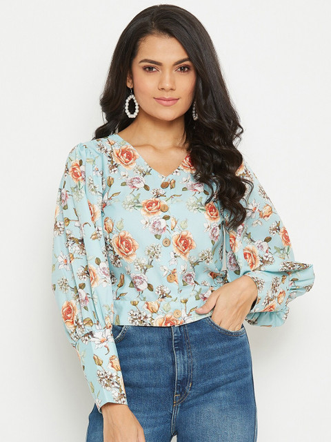 PANIT Blue Floral Printed Crepe Crop Top