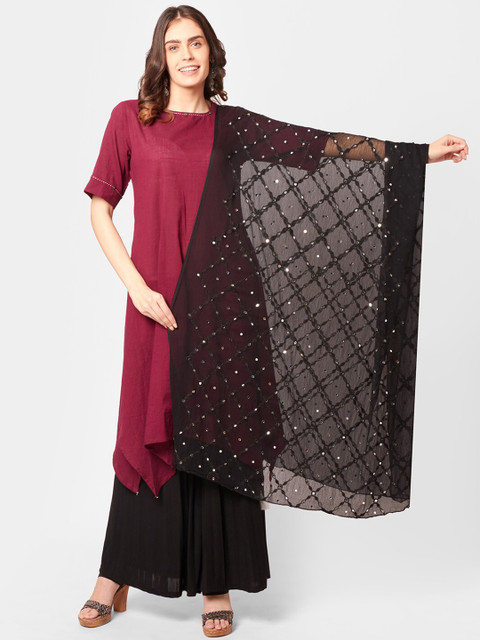 Dupatta Bazaar Black & White Embroidered Dupatta with Mirror Work