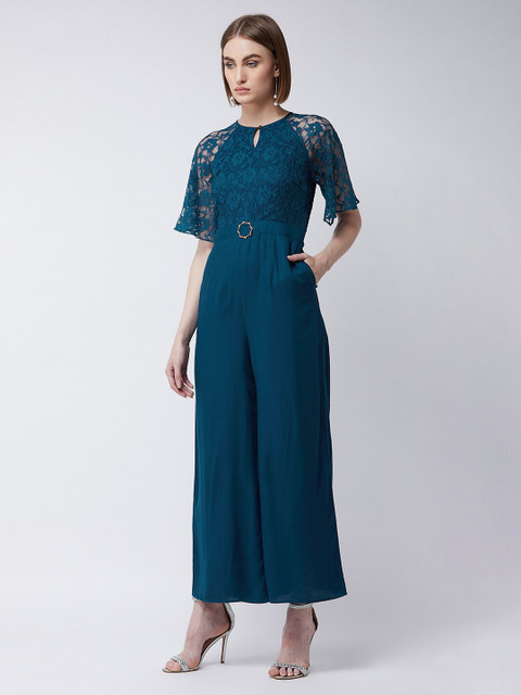 Miss Chase Women Teal Self Design Lace Basic Jumpsuit