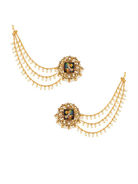 aadita Gold-Plated Circular Studs Earrings With Hair Chained - Image 2