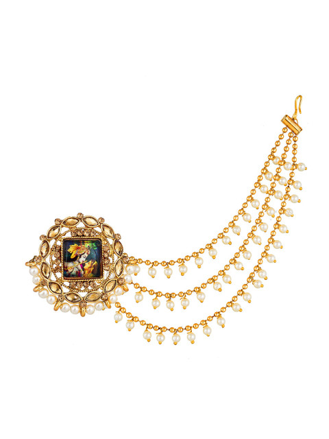 aadita Gold-Plated Circular Studs Earrings With Hair Chained - Image 4