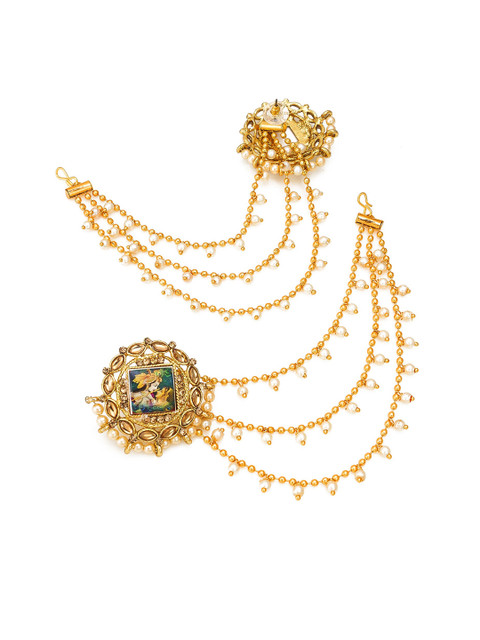 aadita Gold-Plated Circular Studs Earrings With Hair Chained - Image 3