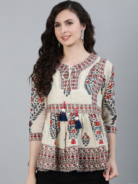 Ishin Off White & Red Floral Tie-Up Neck Applique Empire Top