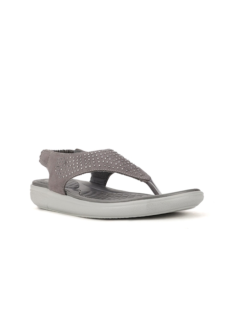 Bata Women Grey Stone Embellished PU Comfort Sandals