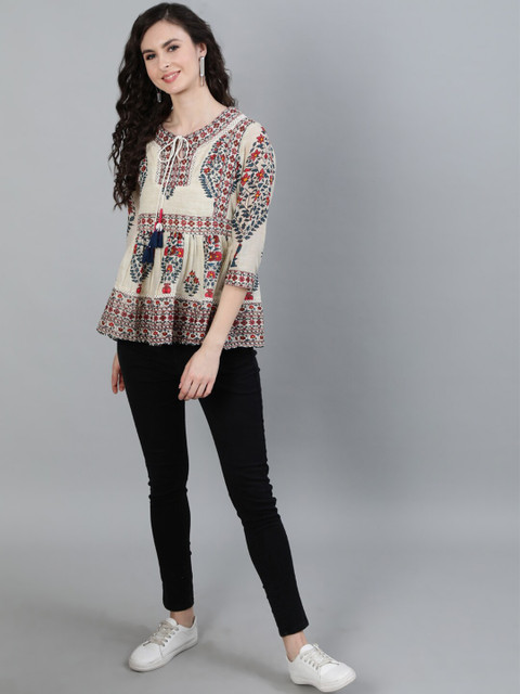 Ishin Off White & Red Floral Tie-Up Neck Applique Empire Top - Image 6