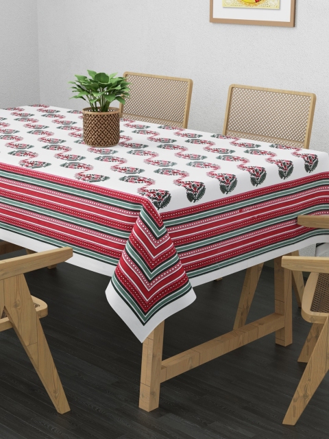 Clasiko White & Red Floral Printed Cotton 6-Seater Rectangle Table Cloth - Image 3