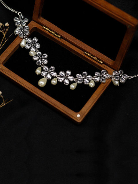 TEEJH Silver-Toned & White Brass Silver-Plated Oxidised Necklace