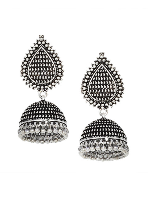 TEEJH Silver-Toned Dome Shaped Oxidised Jhumkas Earrings - Image 2