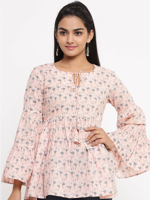 FABRIC FITOOR Peach-Coloured & Grey Tie-Up Neck Bell Sleeve Cotton Empire Top