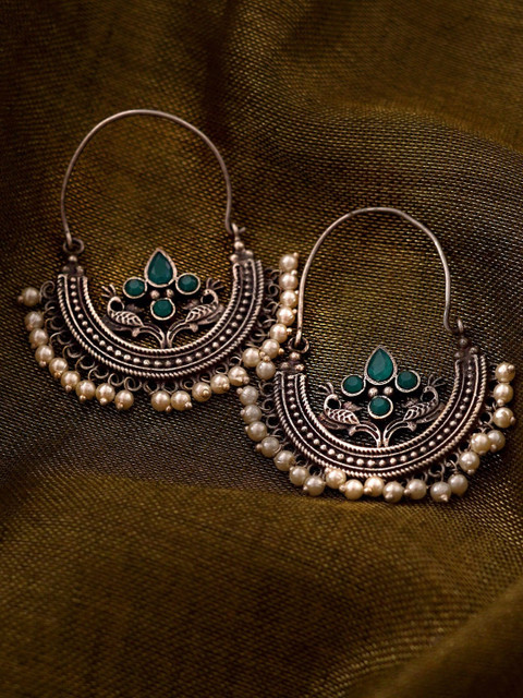 TEEJH Silver-Plated Contemporary Chandbalis Earrings