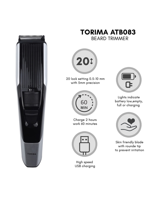TORIMA Grey & Black ATB-083 USB Charging Beard Trimmer with Fast Charge - Image 3