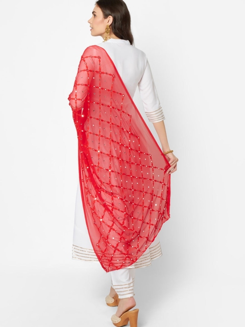 Dupatta Bazaar Red & White Ethnic Motifs Embroidered Dupatta with Mirror Work - Image 5