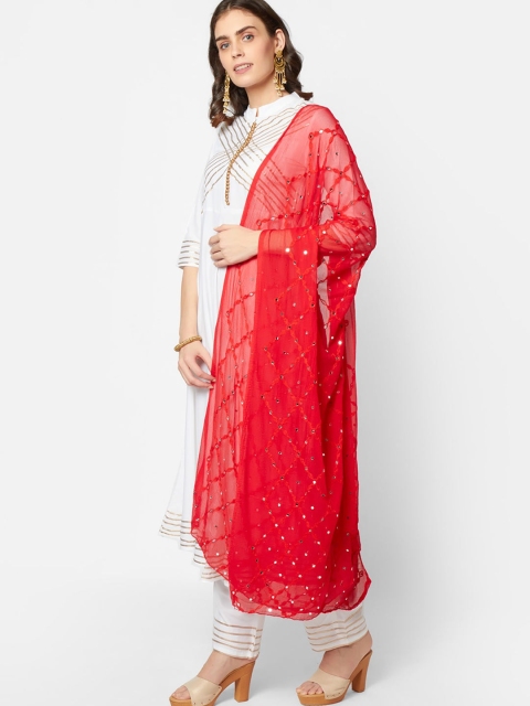 Dupatta Bazaar Red & White Ethnic Motifs Embroidered Dupatta with Mirror Work - Image 4