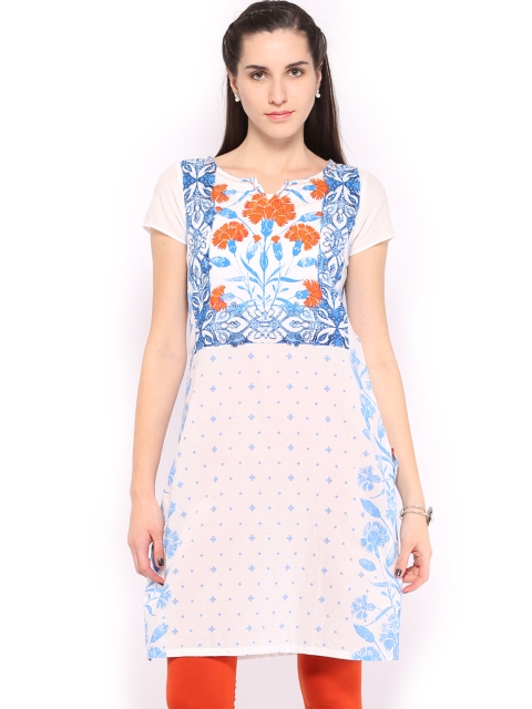 

W Women White & Blue Printed Kurta