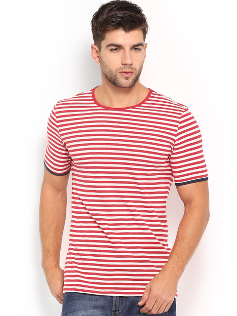 

United Colors of Benetton Men Red & Off-White Striped T-shirt