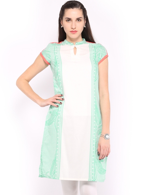 

W Women White & Green Printed Kurta