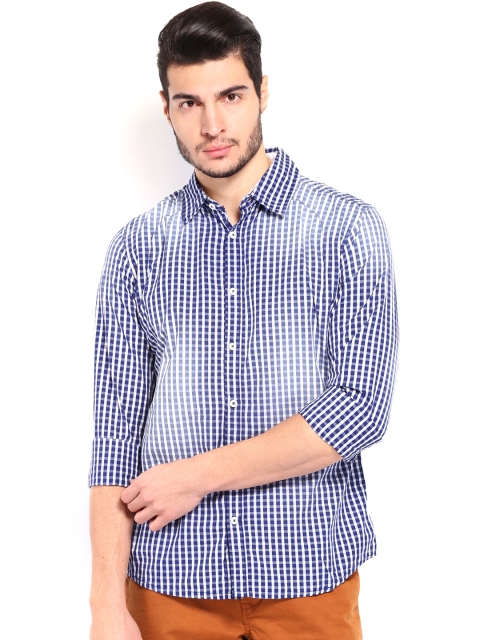 

Breakbounce Men Blue & White Checked Bear Hug Slim Fit Casual Shirt