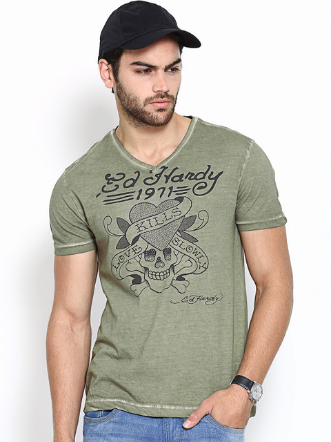 

Ed Hardy Men Olive Green Printed T-shirt