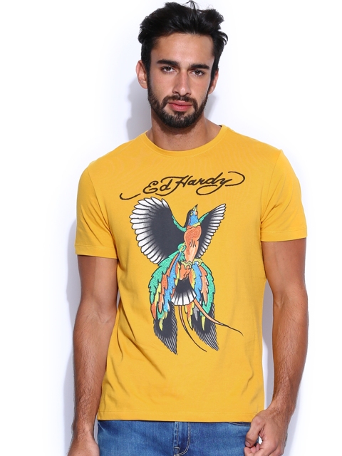 

Ed Hardy Men Mustard Yellow Printed T-shirt
