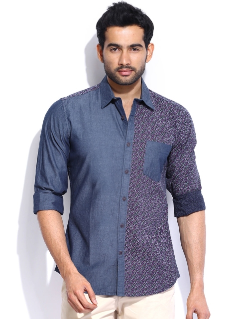 

United Colors of Benetton Men Blue Denim Floral Print Casual Shirt