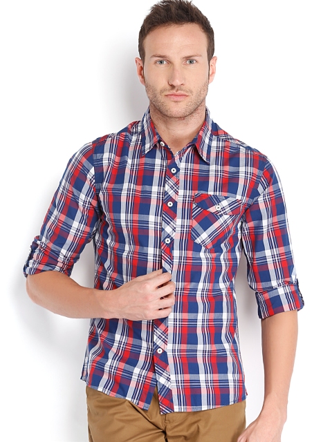 

People Men White & Blue Checked Slim Fit Casual Shirt
