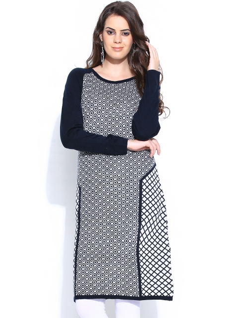 

W Women Dark Navy & Off-White Winter Kurta, Navy blue