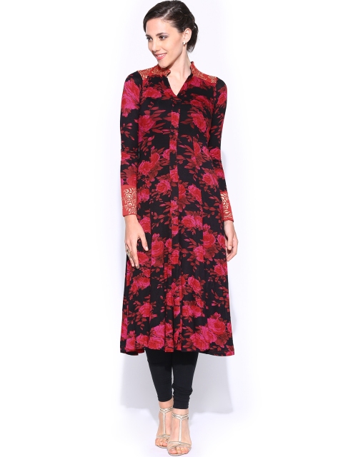 

Ira Soleil Women Black & Pink Floral Print Anarkali Kurta