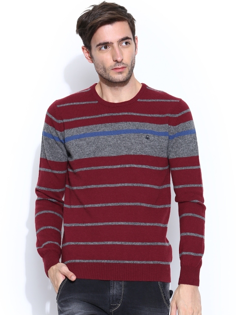 

United Colors of Benetton Men Maroon Striped Wool Blend Sweater