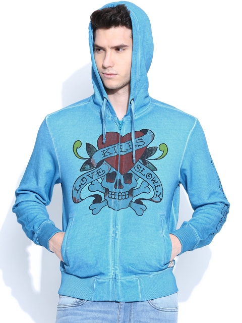 

Ed Hardy Men Blue Hooded Printed Sweatshirt