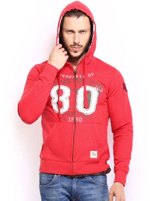 

Flying Machine Men Red Printed Hooded Sweatshirt
