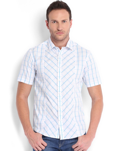 

Four One Oh Men White & Blue Checked Slim Fit Casual Shirt