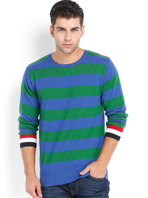 

Peter England Men Green & Blue Striped Sweater