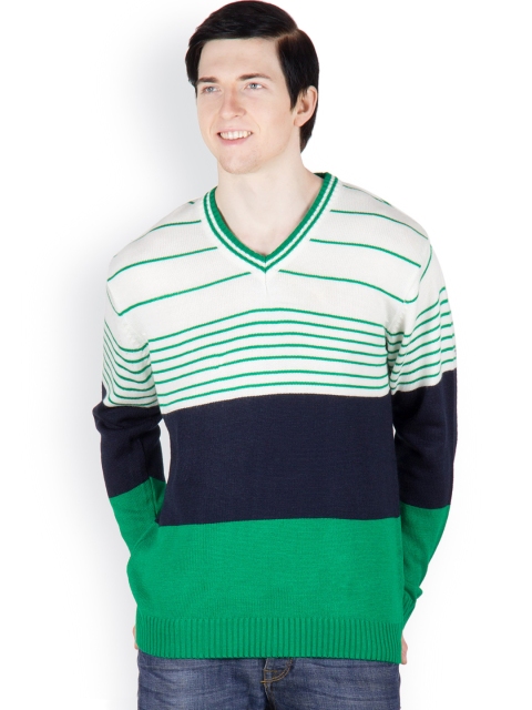 

Cotton County Premium Men Green & Off-White Striped Pullover