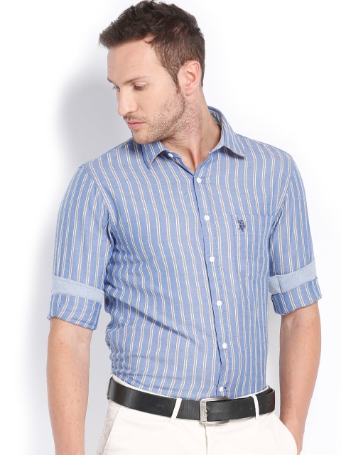 

U.S. Polo Assn. Men Blue & Grey Striped Tailored Fit Smart Casual Shirt