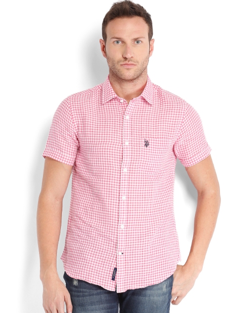 

U.S. Polo Assn. Men White & Pink Checked Linen Tailored Fit Casual Shirt