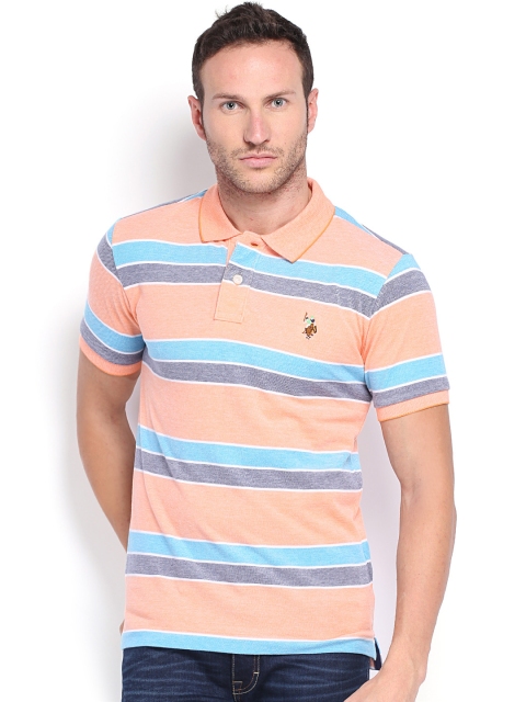 

U.S. Polo Assn. Men Orange Blue Striped Polo Pure Cotton T-shirt