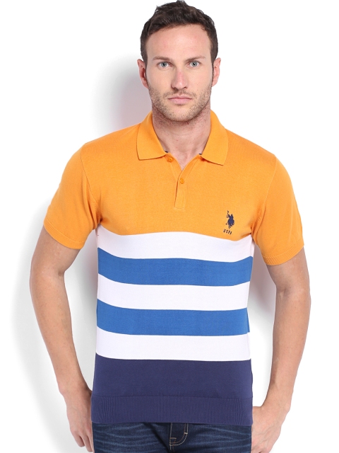 

U.S. Polo Assn. Men Mustard Yellow & Blue Striped Polo T-shirt