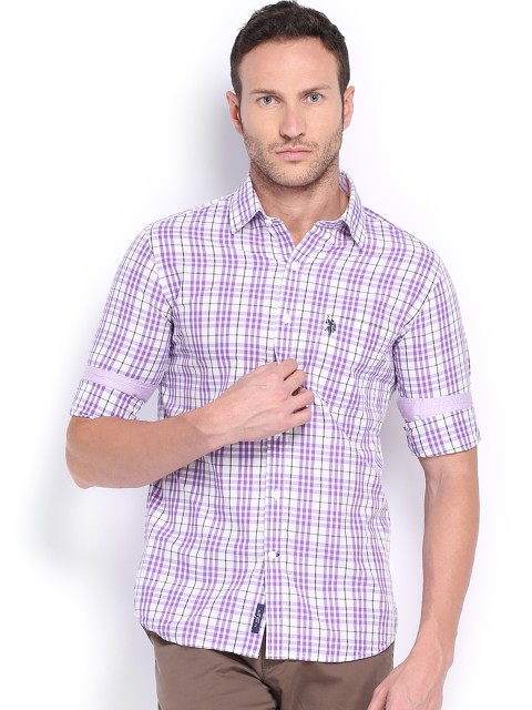 

U.S. Polo Assn. Men White & Purple Checked Tailored Fit Smart Casual Shirt