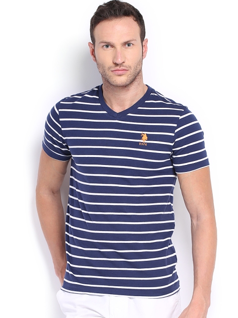 

U.S. Polo Assn. Men Navy White Striped Pure Cotton T-shirt, Navy blue